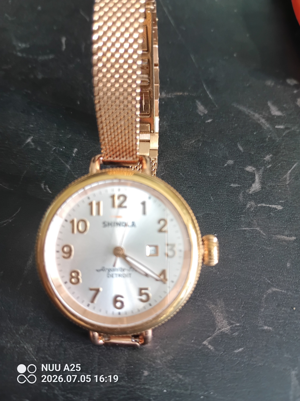 Shinola Rose Gold Mesh Watch with Silver Dial